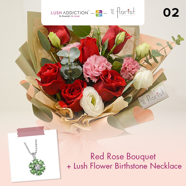 Red Rose Bouquet + Lush Addiction Necklace (By: iiFlorist from Cheras)