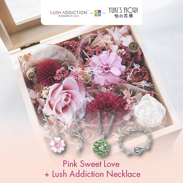 Preserved Flower Wooden Box - Pink Sweet Love + Lush Addiction Necklace (By: Yuki&#39;s Flori from Bukit Jalil)