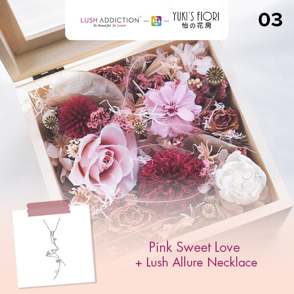 Preserved Flower Wooden Box - Pink Sweet Love + Lush Addiction Necklace (By: Yuki&#39;s Flori from Bukit Jalil)