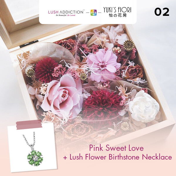 Preserved Flower Wooden Box - Pink Sweet Love + Lush Addiction Necklace (By: Yuki&#39;s Flori from Bukit Jalil)