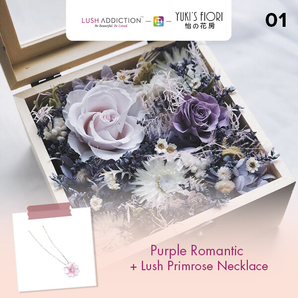 Preserved Flower Wooden Box - Purple Romantic  + Lush Addiction Necklace (By: Yuki&#39;s Flori from Bukit Jalil)