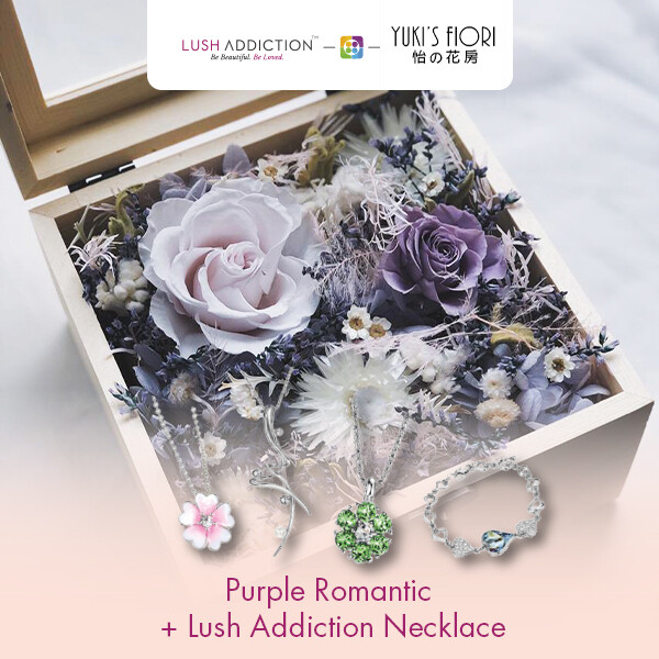 Preserved Flower Wooden Box - Purple Romantic  + Lush Addiction Necklace (By: Yuki&#39;s Flori from Bukit Jalil)