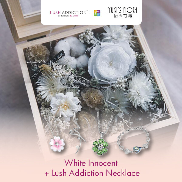 Preserved Flower Wooden Box - White Innocent  + Lush Addiction Necklace (By: Yuki&#39;s Flori from Bukit Jalil)