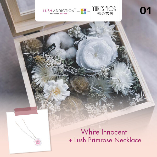 Preserved Flower Wooden Box - White Innocent  + Lush Addiction Necklace (By: Yuki&#39;s Flori from Bukit Jalil)