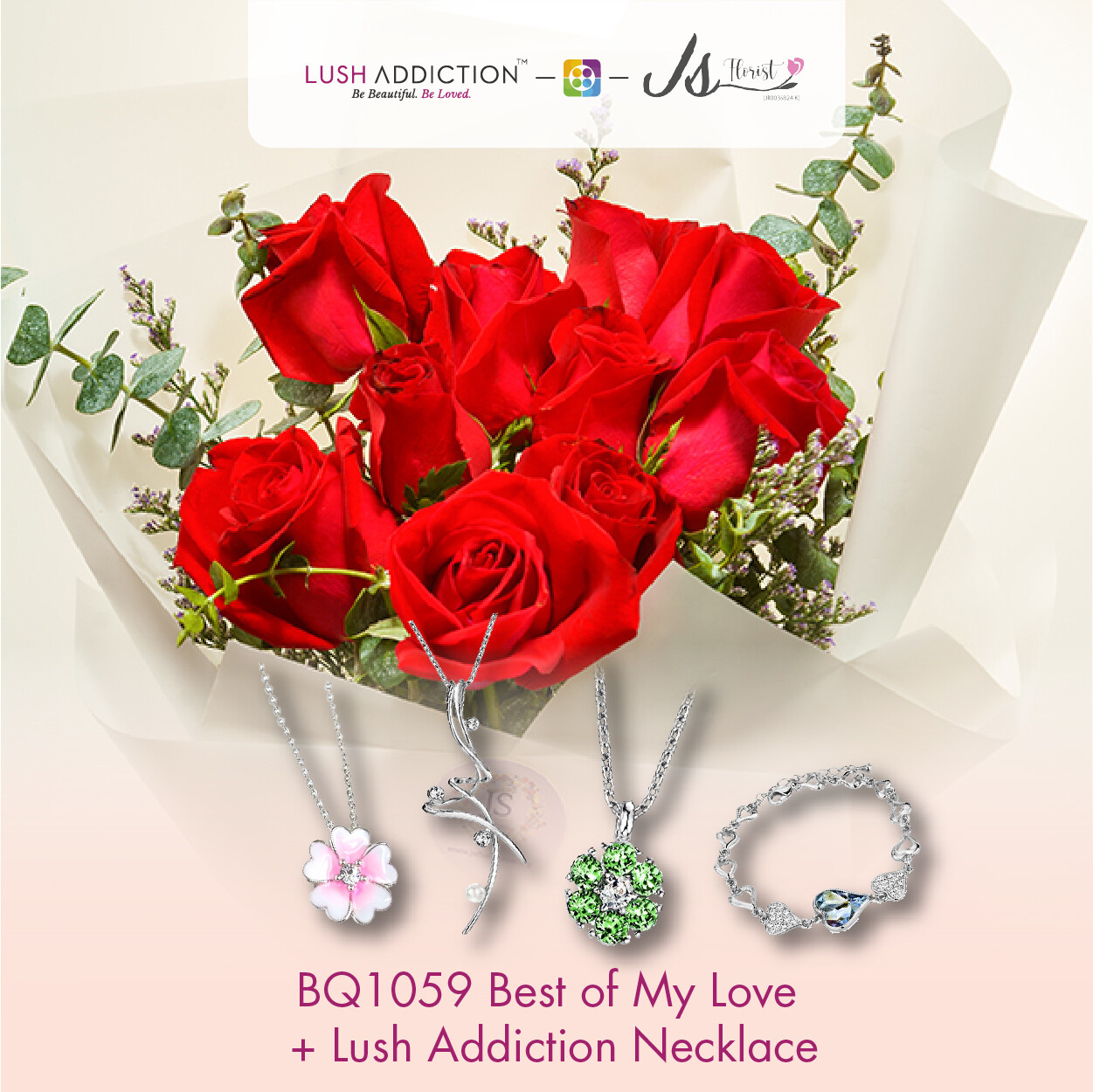BQ1059 Best of My Love Flower Bouquet  + Lush Addiction Necklace (By: JS Florist from Damansara)