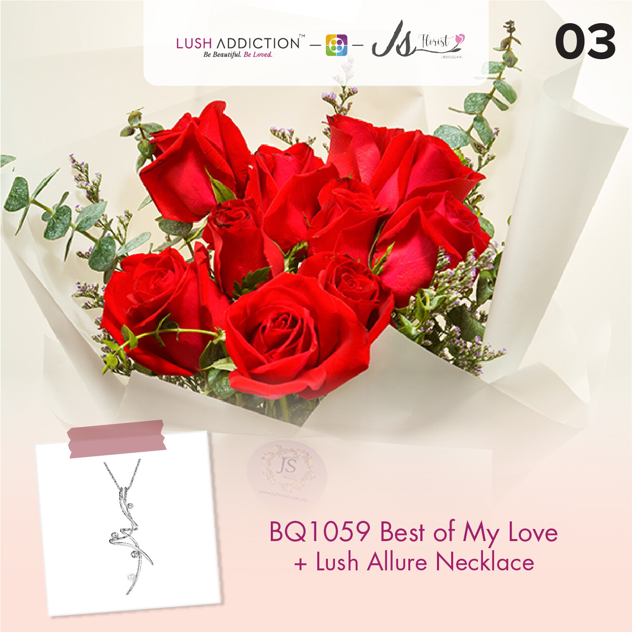 BQ1059 Best of My Love Flower Bouquet  + Lush Addiction Necklace (By: JS Florist from Damansara)