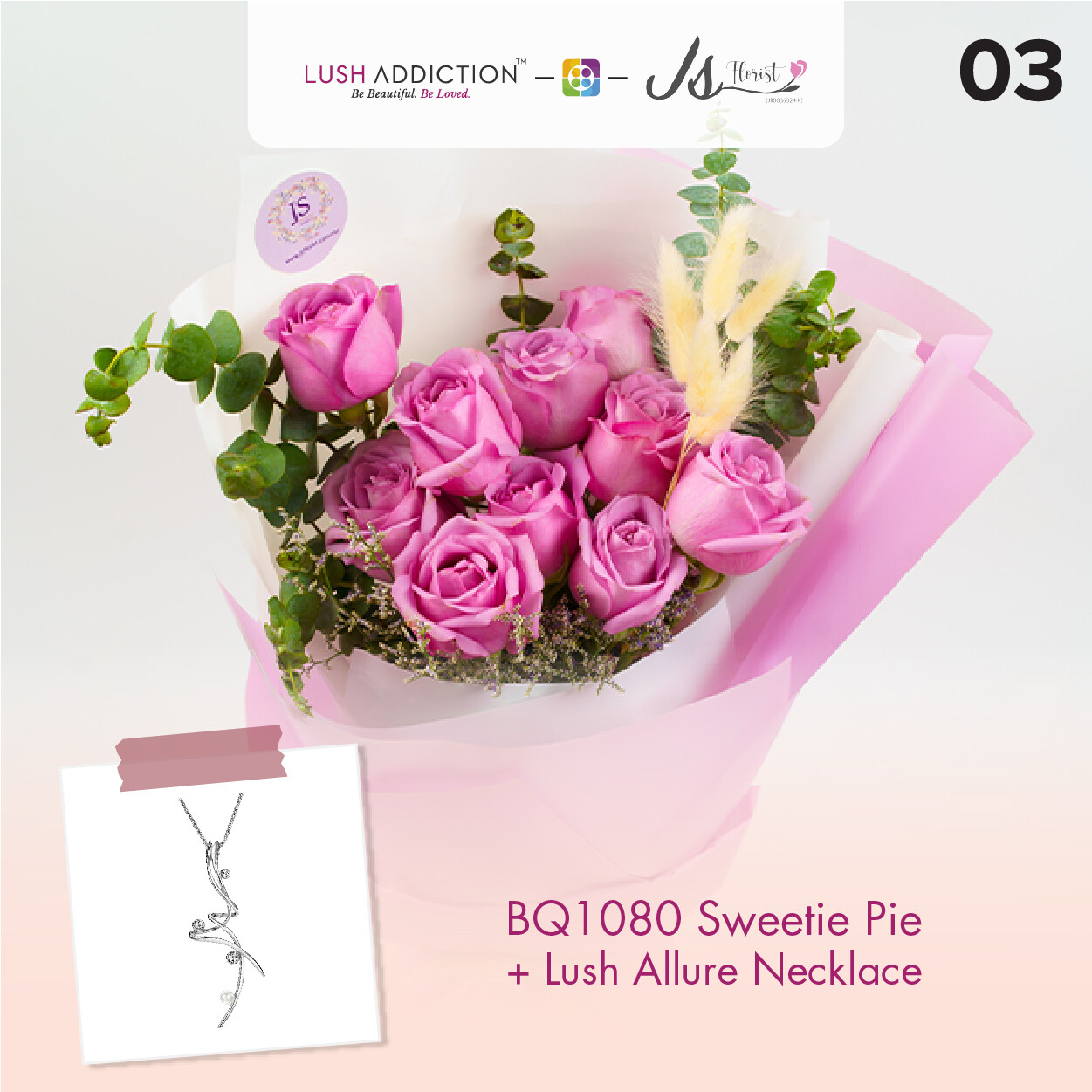 BQ1080 Sweetie Pie Flower Bouquet + Lush Addiction Necklace (By: JS Florist from Damansara)