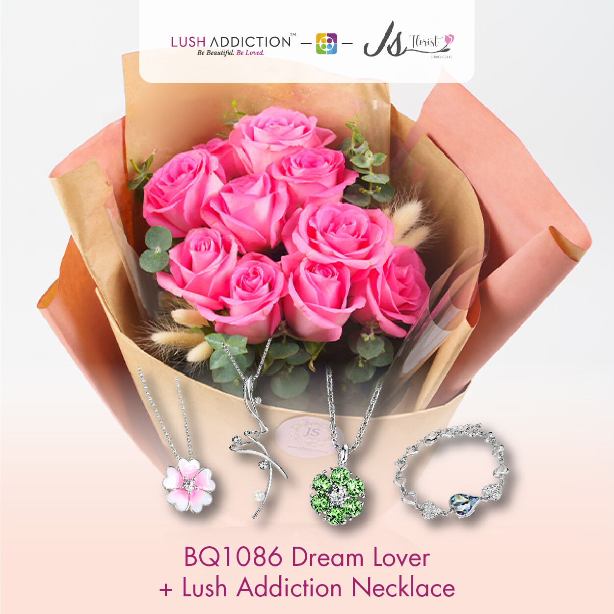BQ1086 Dream Lover Flower Bouquet + Lush Addiction Necklace (By: JS Florist from Damansara)