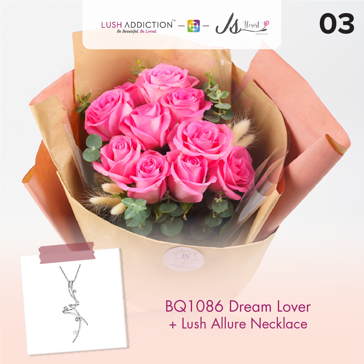 BQ1086 Dream Lover Flower Bouquet + Lush Addiction Necklace (By: JS Florist from Damansara)