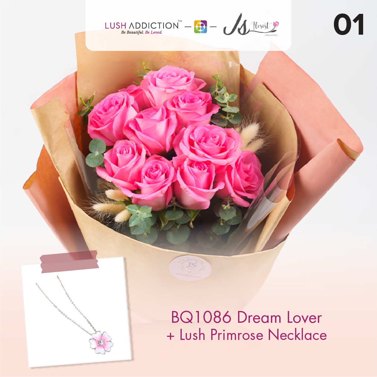 BQ1086 Dream Lover Flower Bouquet + Lush Addiction Necklace (By: JS Florist from Damansara)