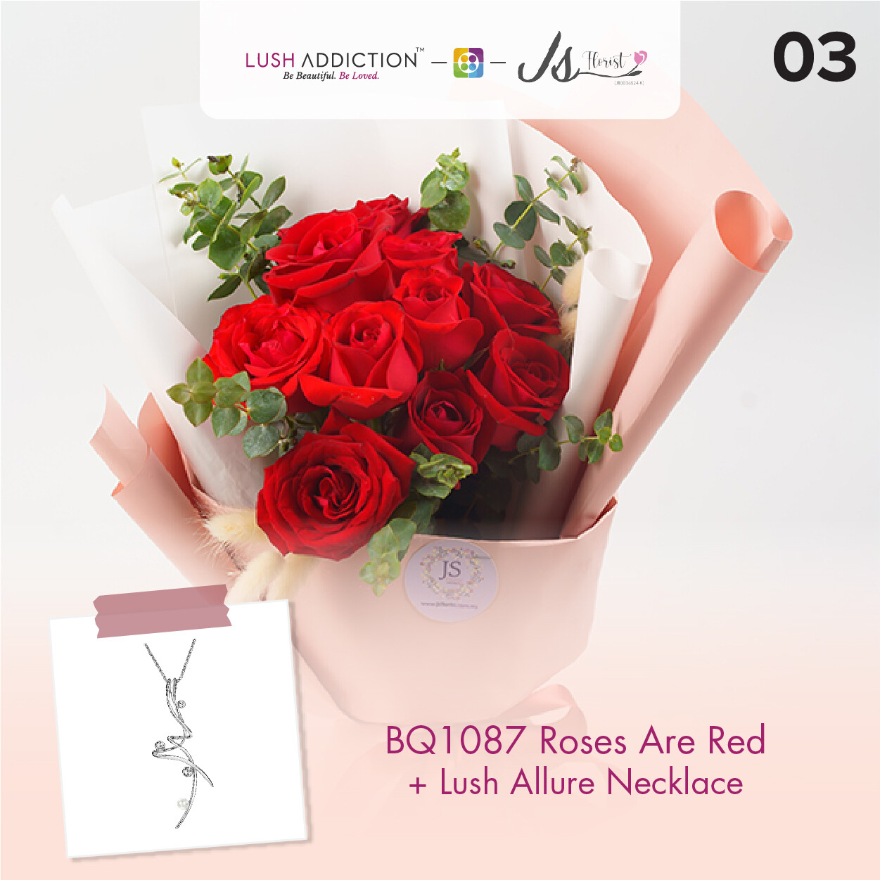 BQ1087 Roses Are Red Flower Bouquet + Lush Addiction Necklace (By: JS Florist from Damansara)