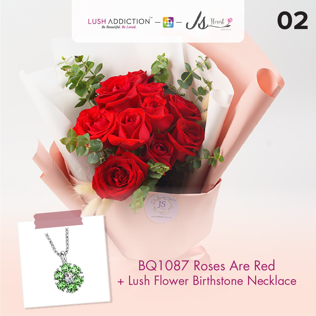 BQ1087 Roses Are Red Flower Bouquet + Lush Addiction Necklace (By: JS Florist from Damansara)