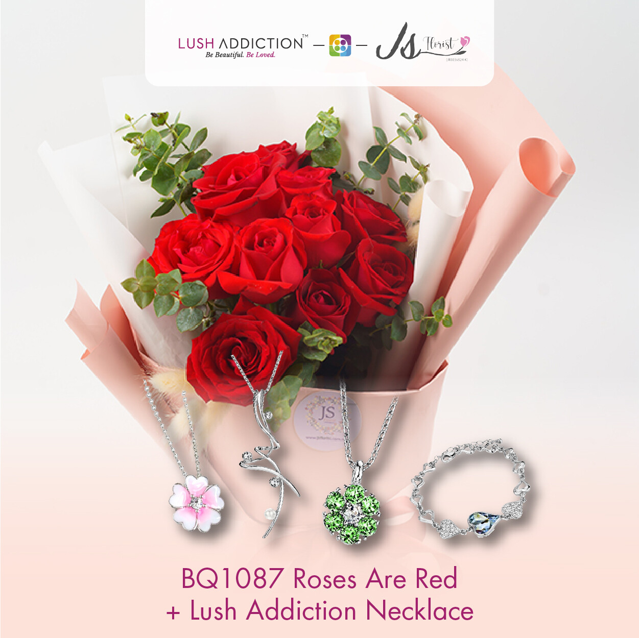BQ1087 Roses Are Red Flower Bouquet + Lush Addiction Necklace (By: JS Florist from Damansara)