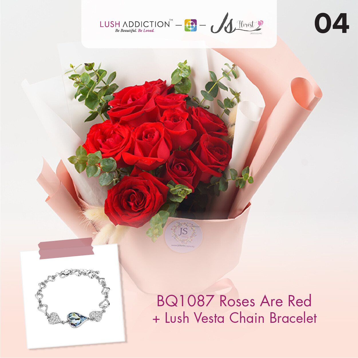 BQ1087 Roses Are Red Flower Bouquet + Lush Addiction Necklace (By: JS Florist from Damansara)