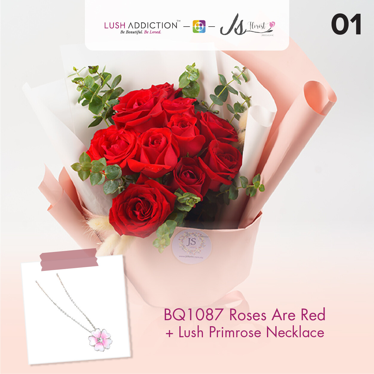 BQ1087 Roses Are Red Flower Bouquet + Lush Addiction Necklace (By: JS Florist from Damansara)