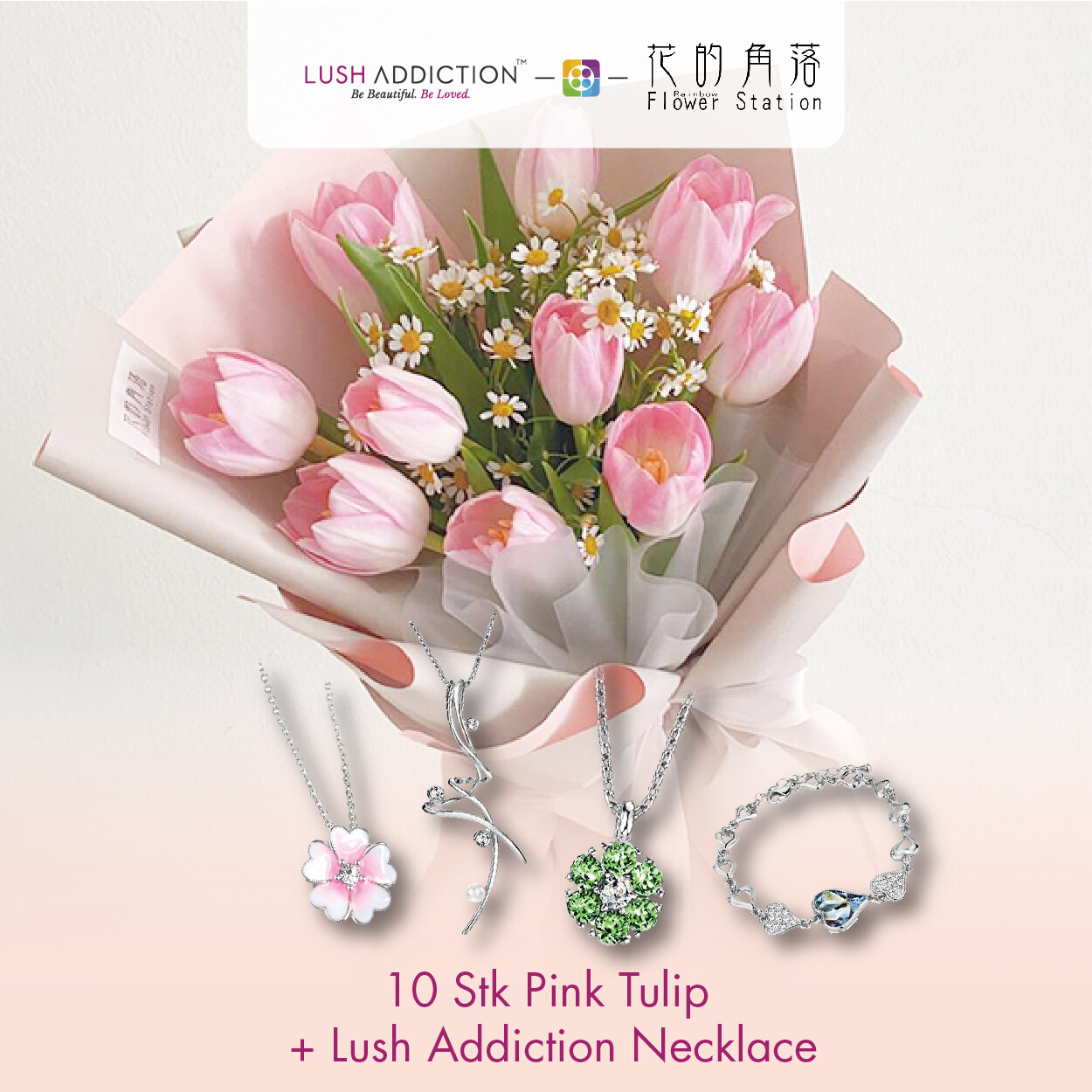 10 Stk Pink Tulip + Lush Addiction Necklace (By: Rainbow Flower Station from Cheras)