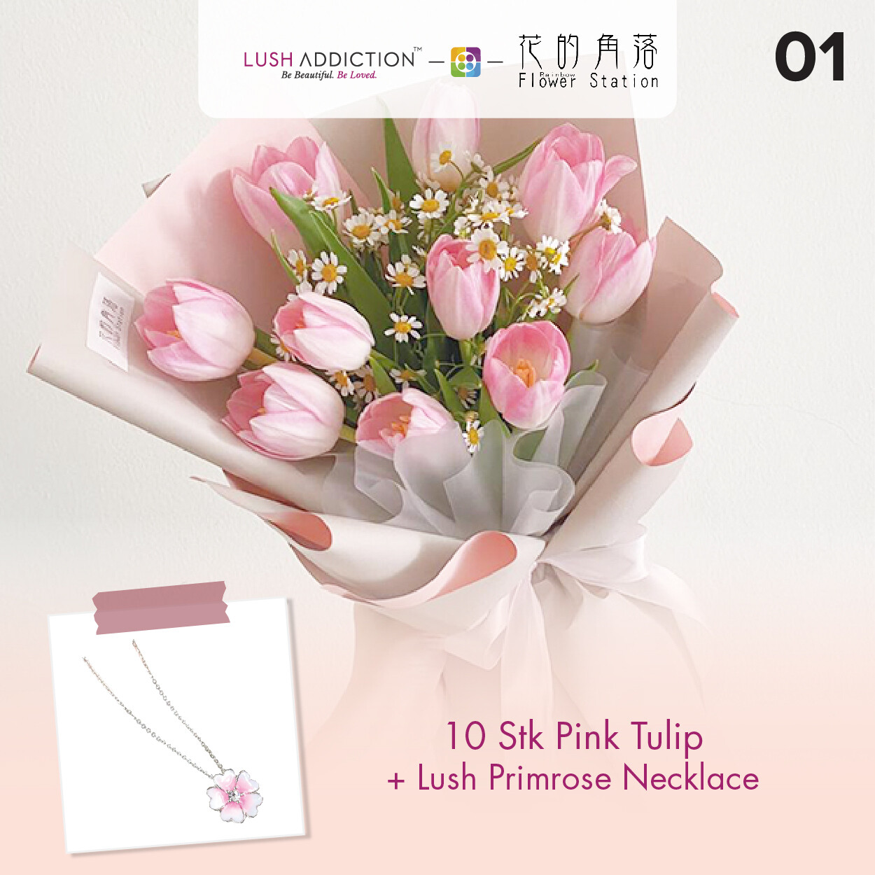10 Stk Pink Tulip + Lush Addiction Necklace (By: Rainbow Flower Station from Cheras)