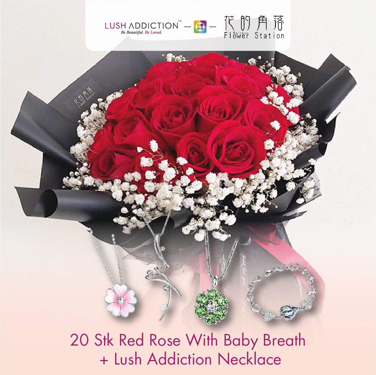 20 Stk Red Rose with Baby Breath + Lush Addiction Necklace (By: Rainbow Flower Station from Cheras)