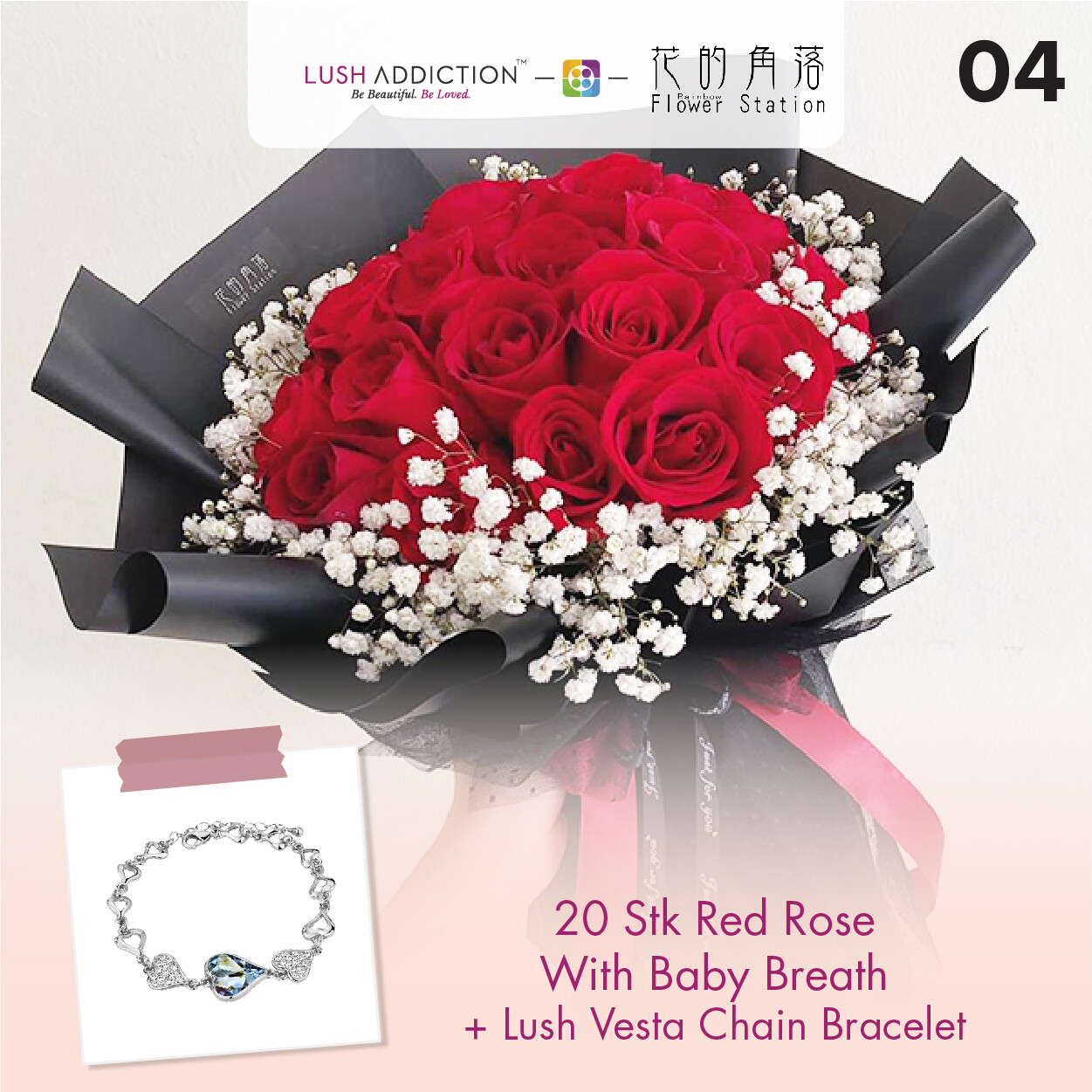 20 Stk Red Rose with Baby Breath + Lush Addiction Necklace (By: Rainbow Flower Station from Cheras)