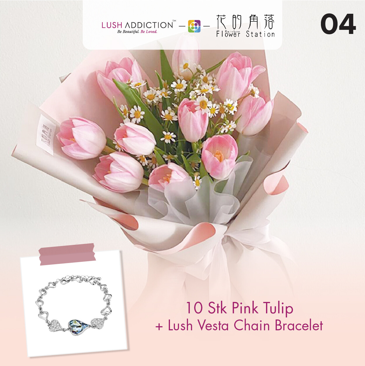 10 Stk Pink Tulip + Lush Addiction Necklace (By: Rainbow Flower Station from Cheras)