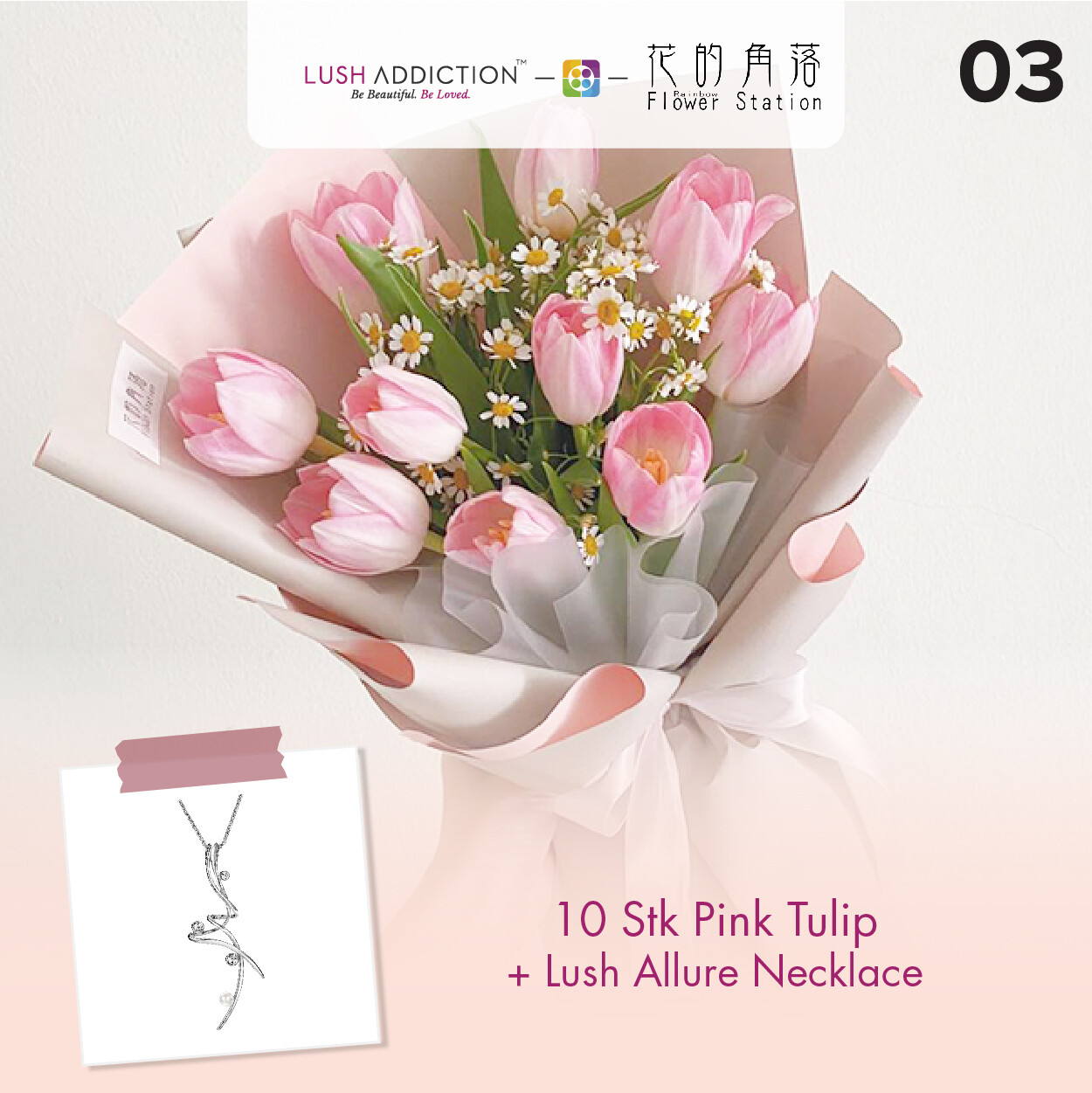 10 Stk Pink Tulip + Lush Addiction Necklace (By: Rainbow Flower Station from Cheras)