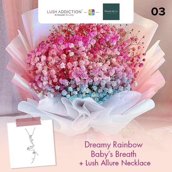 Dreamy Rainbow Baby’s Breath + Lush Addiction Necklace (By: Fleurir &amp; Co from Kuching)