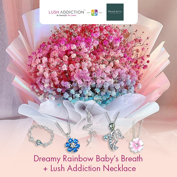 Dreamy Rainbow Baby’s Breath + Lush Addiction Necklace (By: Fleurir & Co from Kuching)