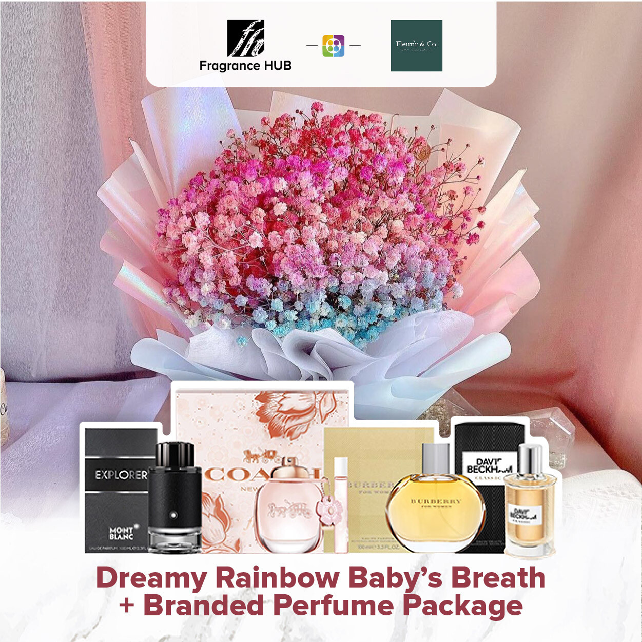 Dreamy Rainbow Baby’s Breath + Fragrance Hub Branded Perfume (By: Fleurir &amp; Co from Kuching)