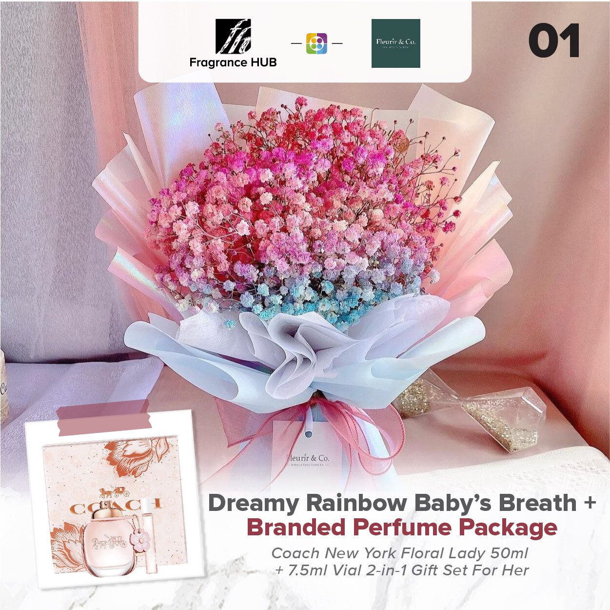 Dreamy Rainbow Baby’s Breath + Fragrance Hub Branded Perfume (By: Fleurir &amp; Co from Kuching)