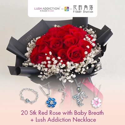 20 Stk Red Rose with Baby Breath + Lush Addiction Necklace (By: Rainbow Flower Station from Cheras)