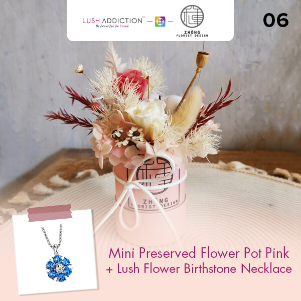Mini Preserved Flower Pot - Pink + Lush Addiction Necklace (By: Zhong Florist from Penang)