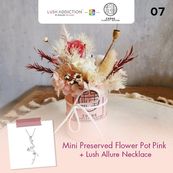 Mini Preserved Flower Pot - Pink + Lush Addiction Necklace (By: Zhong Florist from Penang)