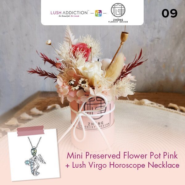 Mini Preserved Flower Pot - Pink + Lush Addiction Necklace (By: Zhong Florist from Penang)