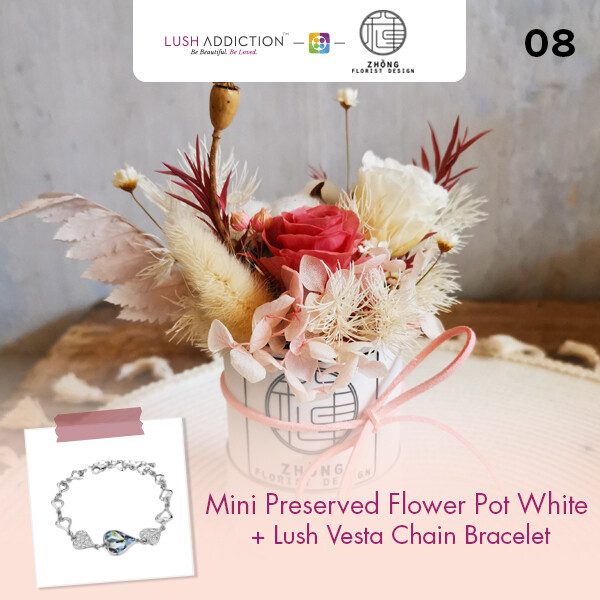 Mini Preserved Flower Pot - White+ Lush Addiction Necklace (By: Zhong Florist from Penang)