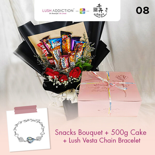 Snacks Bouquet with 500g Cake + Lush Addiction Necklace (By: Brilliant Creative Florist from Sibu)