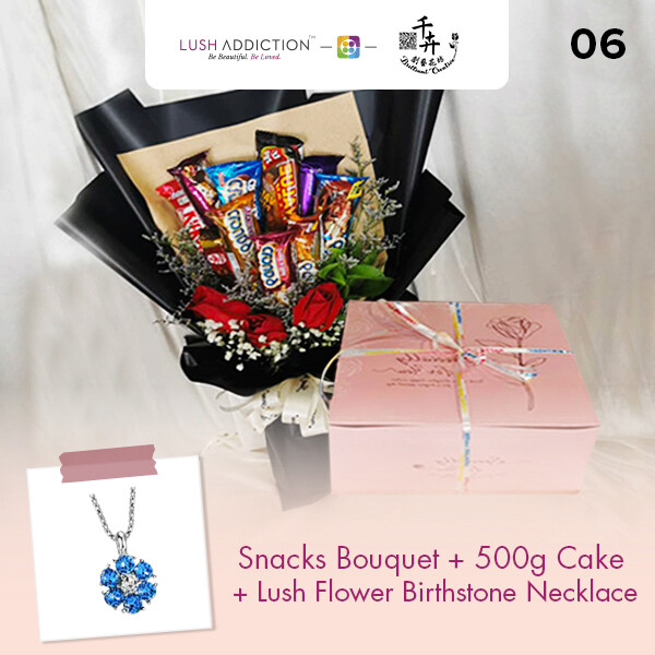 Snacks Bouquet with 500g Cake + Lush Addiction Necklace (By: Brilliant Creative Florist from Sibu)