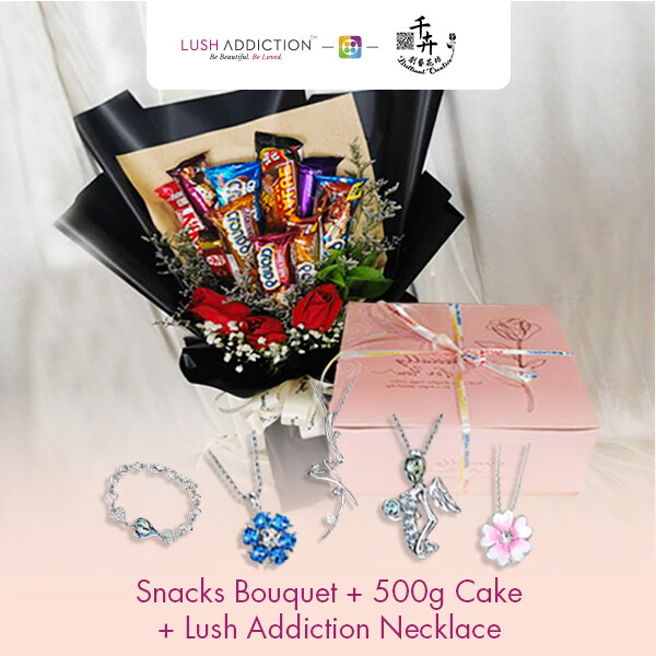 Snacks Bouquet with 500g Cake + Lush Addiction Necklace (By: Brilliant Creative Florist from Sibu)