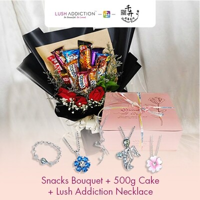 Snacks Bouquet with 500g Cake + Lush Addiction Necklace (By: Brilliant Creative Florist from Sibu)