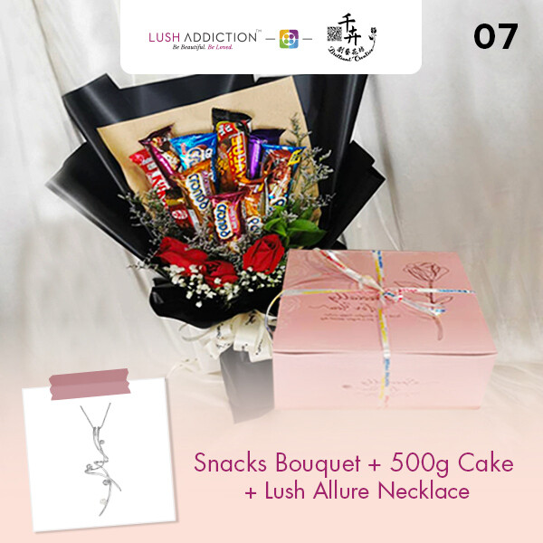 Snacks Bouquet with 500g Cake + Lush Addiction Necklace (By: Brilliant Creative Florist from Sibu)