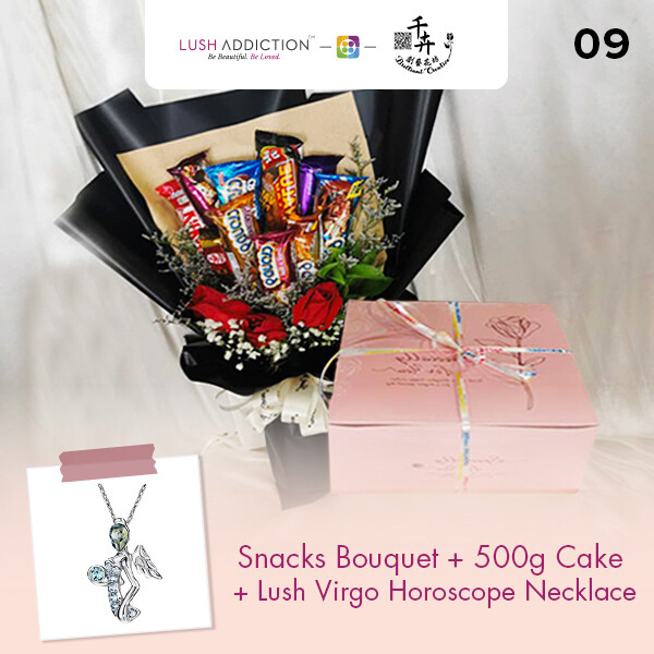 Snacks Bouquet with 500g Cake + Lush Addiction Necklace (By: Brilliant Creative Florist from Sibu)