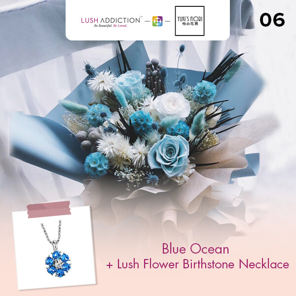 Preserved Flower Bouquet - Blue Ocean + Lush Addiction Necklace (By: Yuki Flori from Bukit Jalil)