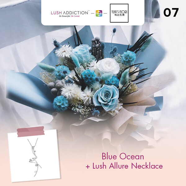Preserved Flower Bouquet - Blue Ocean + Lush Addiction Necklace (By: Yuki Flori from Bukit Jalil)