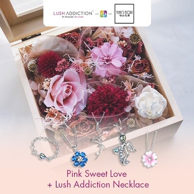 Preserved Flower Wooden Box - Pink Sweet Love + Lush Addiction Necklace (By: Yuki&#39;s Flori from Bukit Jalil)