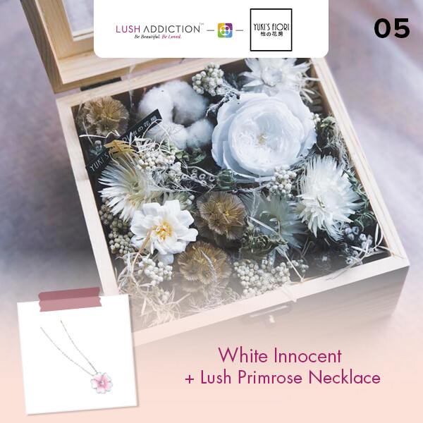 Preserved Flower Wooden Box - White Innocent  + Lush Addiction Necklace (By: Yuki&#39;s Flori from Bukit Jalil)