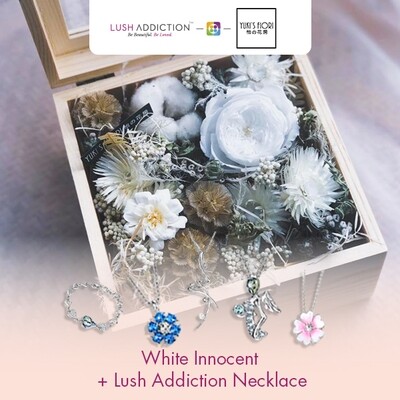 Preserved Flower Wooden Box - White Innocent  + Lush Addiction Necklace (By: Yuki&#39;s Flori from Bukit Jalil)