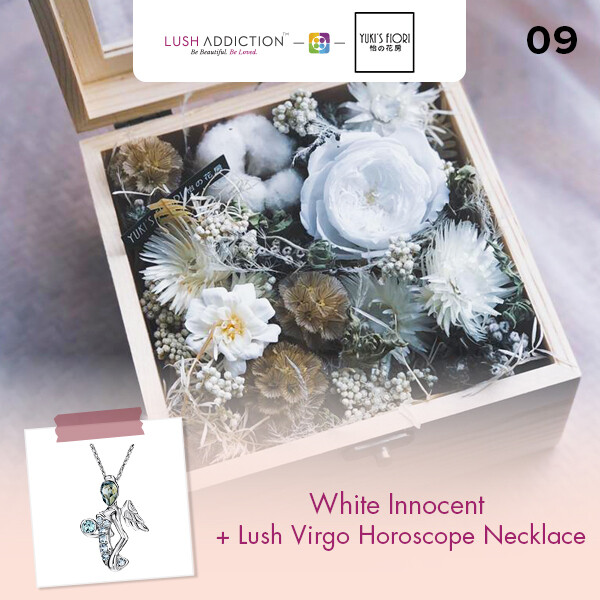 Preserved Flower Wooden Box - White Innocent  + Lush Addiction Necklace (By: Yuki&#39;s Flori from Bukit Jalil)
