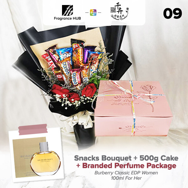 Snacks Bouquet with 500g Cake + Fragrance Hub Branded Perfume (By: Brilliant Creative Florist from Sibu)