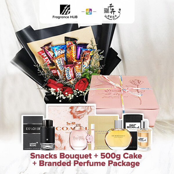 Snacks Bouquet with 500g Cake + Fragrance Hub Branded Perfume (By: Brilliant Creative Florist from Sibu)