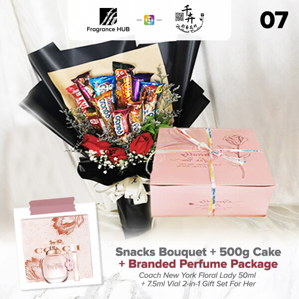 Snacks Bouquet with 500g Cake + Fragrance Hub Branded Perfume (By: Brilliant Creative Florist from Sibu)
