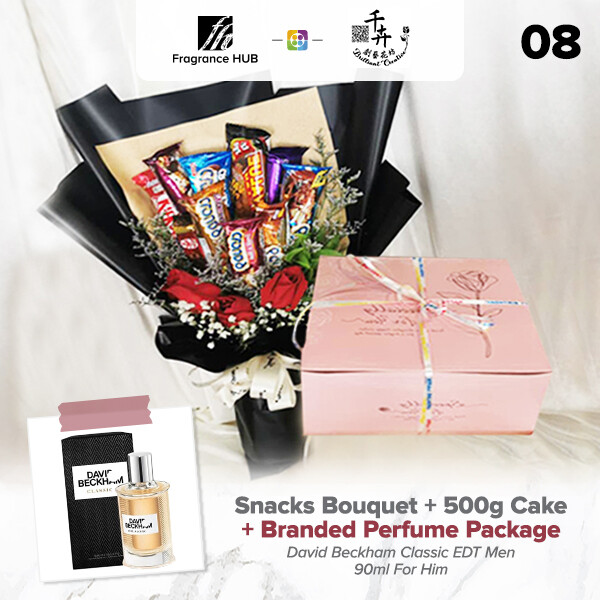Snacks Bouquet with 500g Cake + Fragrance Hub Branded Perfume (By: Brilliant Creative Florist from Sibu)